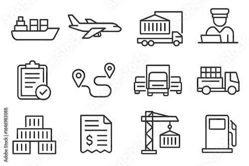 Shipping Icons Set. Line style icons of shipping and transport: container ship icon, cargo plane, intermodal icon, customs