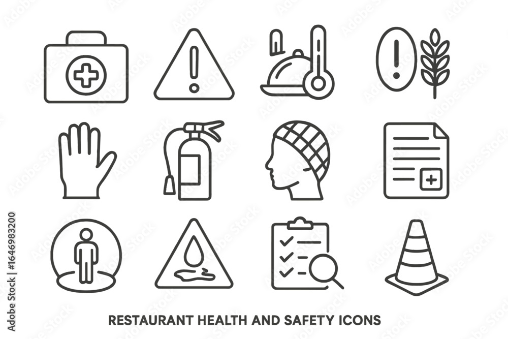 Fototapeta premium Restaurant Safety Icons. Line style icons of restaurant health and safety: first aid kit, safety sign, food temperature icon,