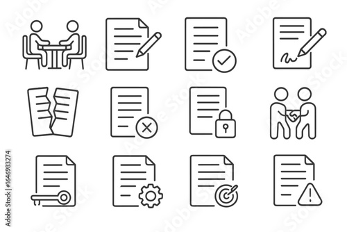 Contract Law Icons. Line style icons of contract law: negotiation table, draft contract, final agreement, contract signature,