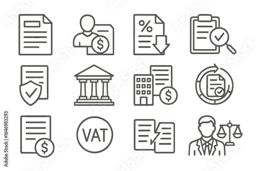 Tax Law Icons. Line style icons of tax law: tax form icon, income tax icon, tax deduction icon, tax audit icon, refund form, tax