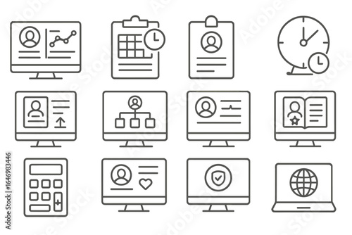 HR Tools Icons. Line style icons of HR software and tools: HR dashboard icon, timesheet tracker, leave request form, attendance