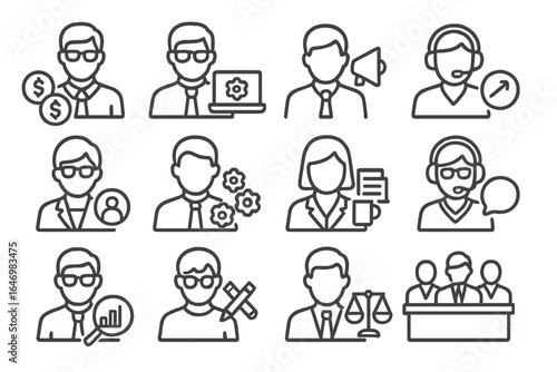 Workplace Role Icons. Line style icons of job roles and functions: finance team icon, IT department, marketing staff, sales