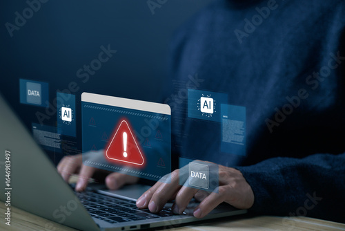 Schilderij op canvas Businessman using laptop with cybersecurity alert warning on screen, protecting AI data, preventing cyber threats in artificial intelligence systems and digital environments