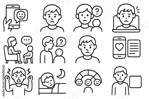 Teen Mental Health Icons. Line style icons of teen mental health: texting support icon, anxiety test icon, social pressure icon,