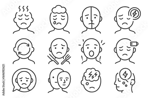 Mental Health Icons. Line style icons of mental health conditions: anxiety icon, depression icon, bipolar icon, PTSD icon, OCD