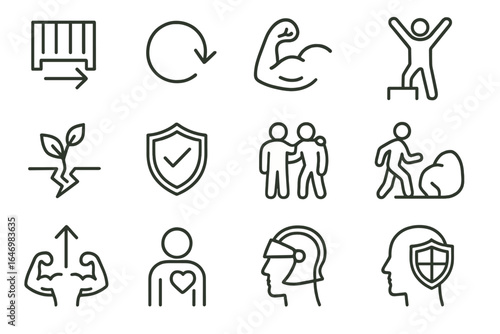 Resilience Icons Collection. Line style icons of resilience building: obstacle icon, bounce back arrow, inner strength icon,
