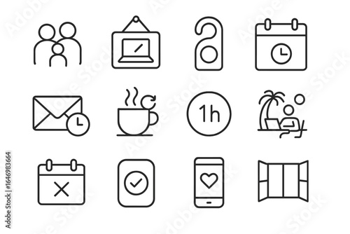 Work-From-Home Icons. Line style icons of work-from-home boundaries: family time icon, work zone sign, do not disturb door tag,