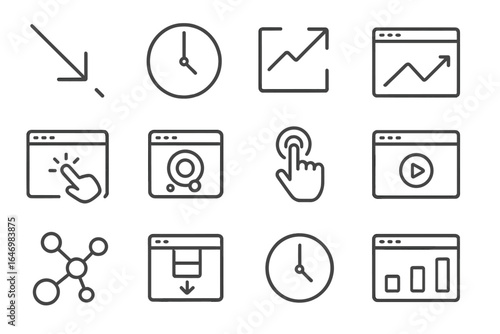 Web Analytics Icons. Line style icons of bounce rate and session data: bounce rate arrow icon, session duration clock, exit rate