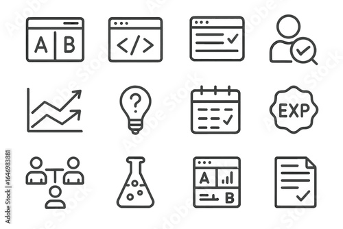 SEO Testing Icons. Line style icons of SEO experiments and testing: split test icon, meta description test, SERP variation icon,