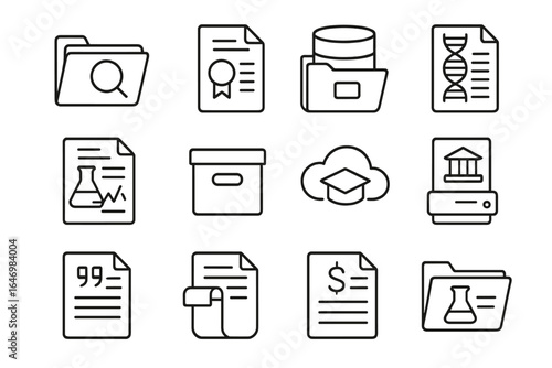 Academic Storage Icons. Line style icons of academic and research storage: research folder icon, thesis file icon, data repository