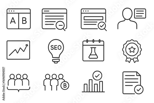 SEO Testing Icons. Line style icons of SEO experiments and testing: split test icon, meta description test, SERP variation icon,