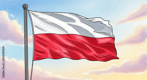 Cartoon illustration of the Polish flag waving against a bright, cloudy sky.