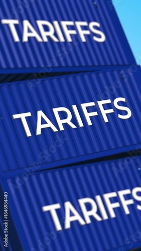 Global Logistics Tariffs Text on Blue Shipping Containers