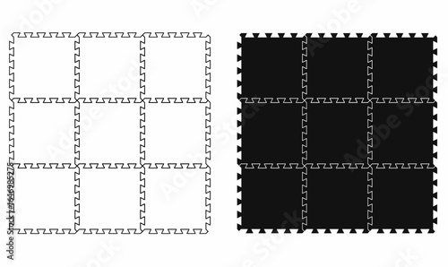 Vector set icon of interlocking puzzle foam mat tiles in silhouette black, and outline styles.