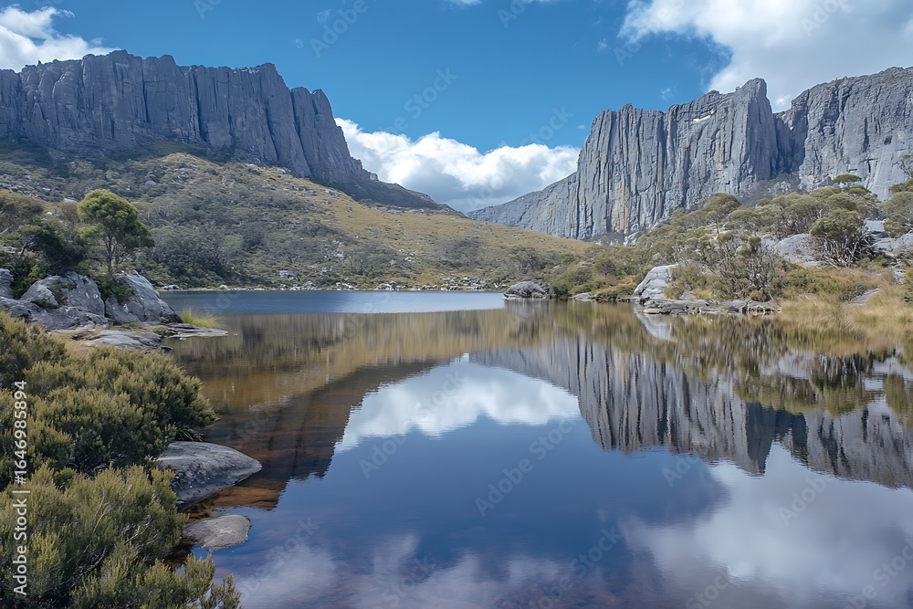 Obraz premium Remote reflective lake with stone cliffs rising steeply behind it and small bushes scattered around 