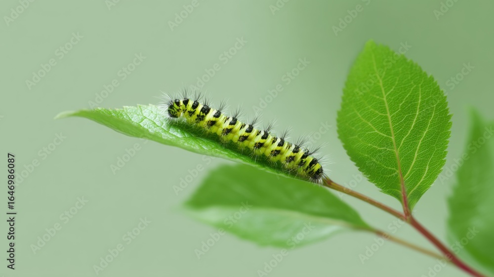 Naklejka premium Close-up of a caterpillar on a green leaf. the caterpillar has a black and yellow striped pattern on its body and legs. it is curled up on the leaf, with its head slightly tilted downwards.