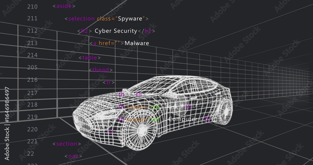 Fototapeta premium Displaying white wireframe car model on 3D grid in studio, showing HTML code and Computer label