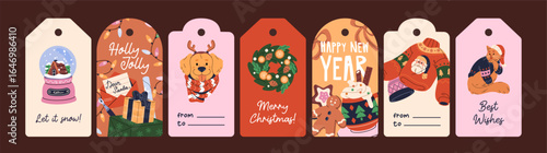 Set of cute designs of Christmas tags. Different funny cards for Xmas gifts. Templates of hanging badges for New Year presents. Layouts of winter holiday greeting labels. Flat vector illustrations.