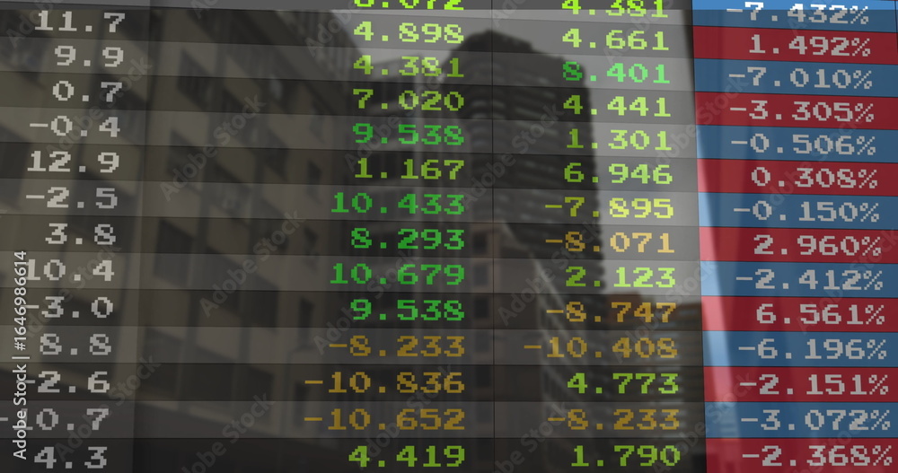 Fototapeta premium Displaying data panel floating over financial district towers, showing colored bars and tickers