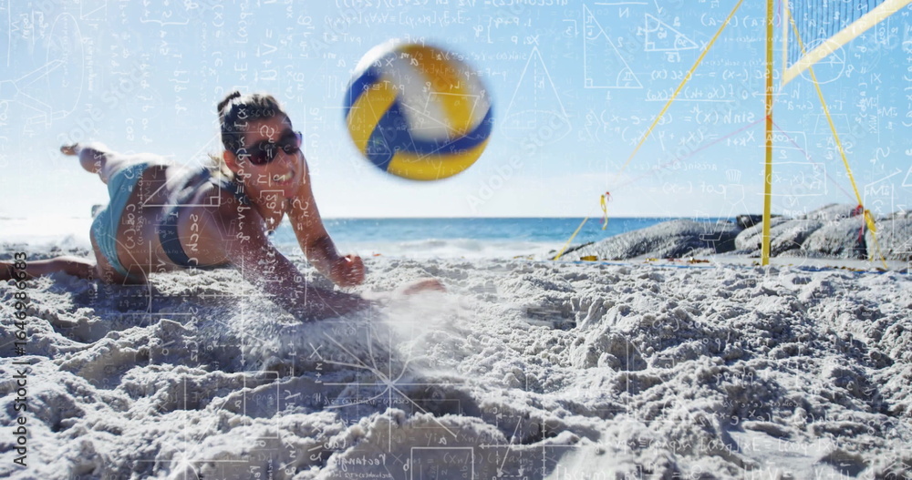 Fototapeta premium Diving player in swimwear reaching volleyball at sandy beach, with net and sunglasses, copy space