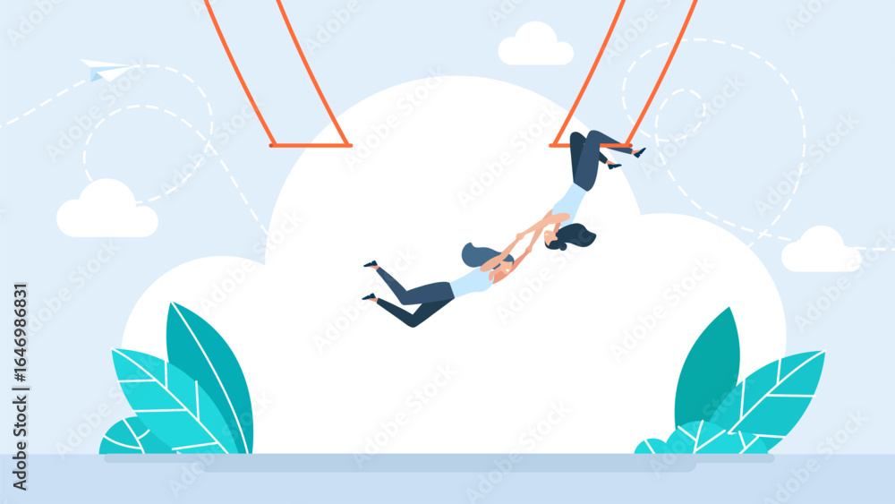 Fototapeta premium Two female trapeze artist performing in acrobatic circus aerial stunt. Trust, reliability, confidence, belief, entrust, commitment, faith. Businesswoman performs a difficult task. Vector illustration.