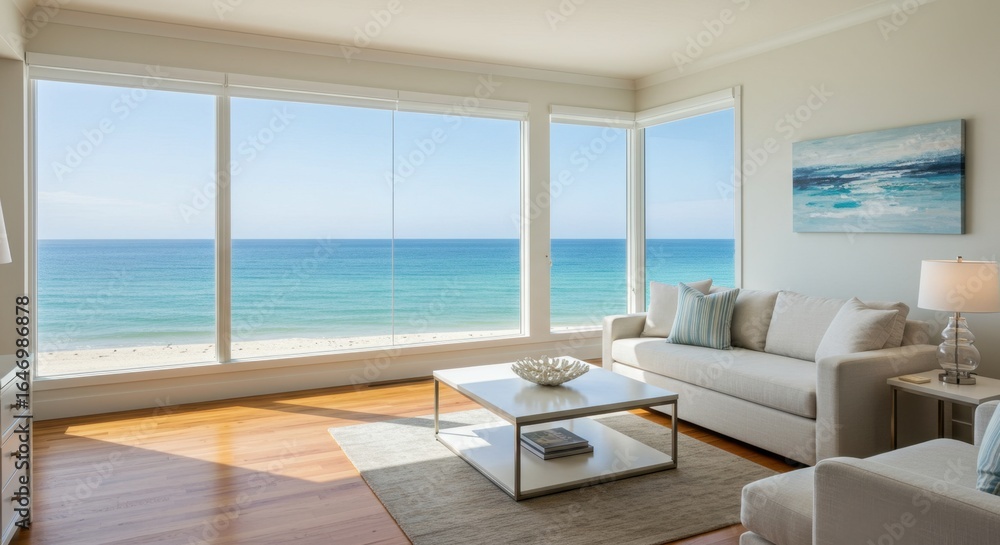 Fototapeta premium Bright Living Room with Panoramic Ocean View