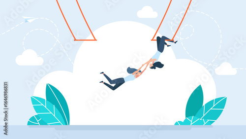 Two female trapeze artist performing in acrobatic circus aerial stunt. Trust, reliability, confidence, belief, entrust, commitment, faith. Businesswoman performs a difficult task. Vector illustration.