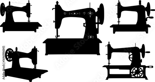 silhouettes of vintage sewing machines, black on white background