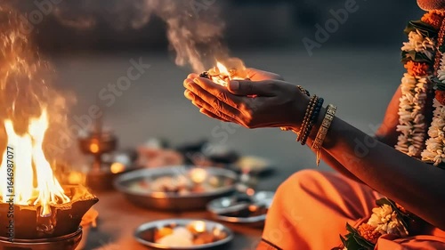 Offering to The Fire With Dark Skinned Hands Wearing Gold Bracelets and Flowers During Religious Ceremony With Ornate Vessels and Plates