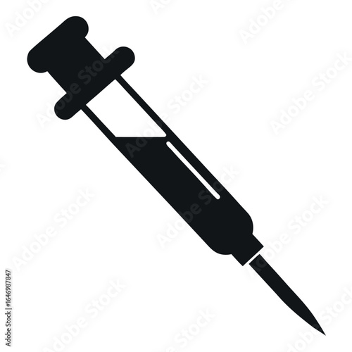 Photo of black silhouette of a medical syringe with a needle, isolated on white background