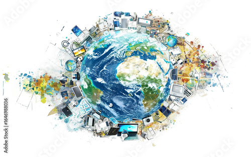 Global Communication Represented with Devices Circling the Planet Isolated on Transparent Background