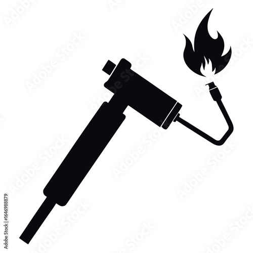 Photo of black silhouette of a blowtorch with a flame, isolated on white background