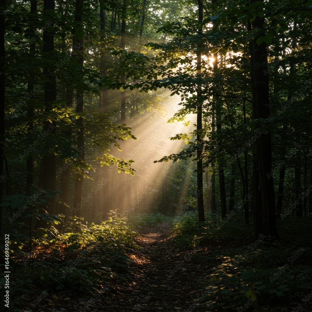 Obraz premium Sunbeams in a Forest: Golden Hour Light Rays Through Lush Green Trees