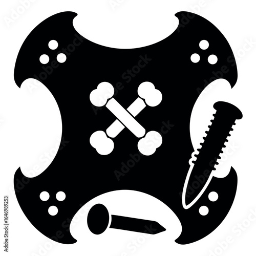 Photo of abstract medical symbol featuring crossed bones, a screw, and a nail
