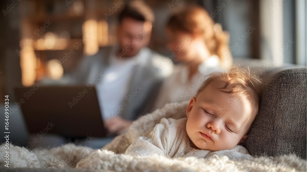 Baby sleeping on couch in a cozy living room. Baby sleeping on couch in a cozy living room.
