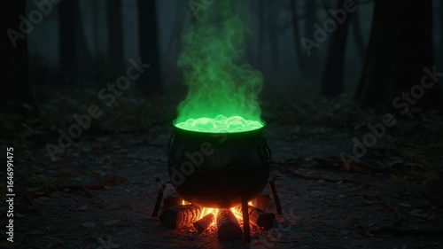 A mysterious cauldron simmers with vibrant green liquid in a shadowy forest, casting an enchanting glow through the misty atmosphere, suggesting magic or potion-making.