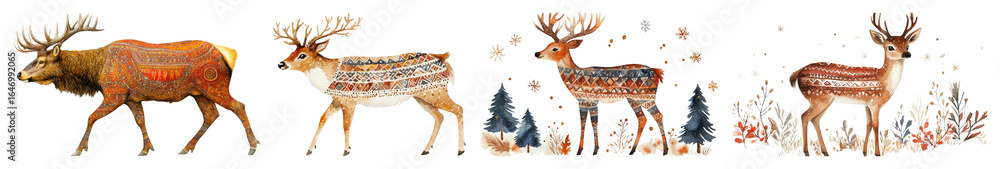 Naklejka premium Four deer with patterned blankets and decorative autumn foliage isolate