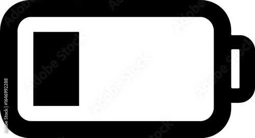 A black and white illustration of a battery with a low charge indicator on a white background image view