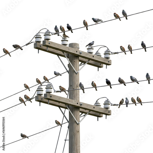 electric pole with power lines, high detail utility infrastructure, realistic metal texture and insulator components isolated on transparent background PNG