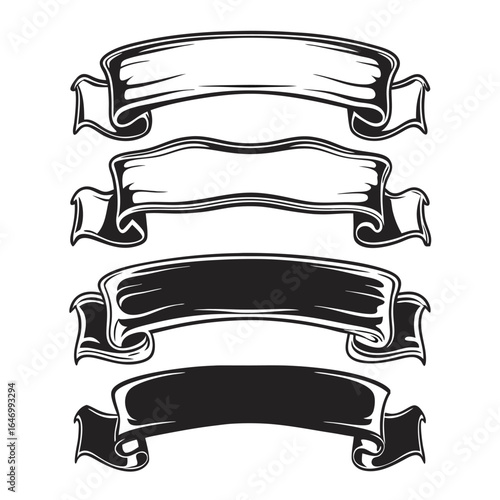 Set of Four Decorative Ribbons and Scrolls in Monochrome on White Background