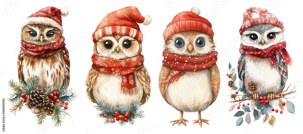 Fototapeta premium Four cute owls wearing winter hats and scarves with pine branches pinecones and berries transparent background
