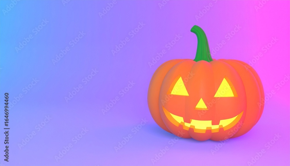 Fototapeta premium Halloween pumpkin on neon gradient background. 3D Rendering illustration