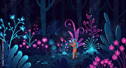 Astronaut exploring alien bioluminescent forest at night