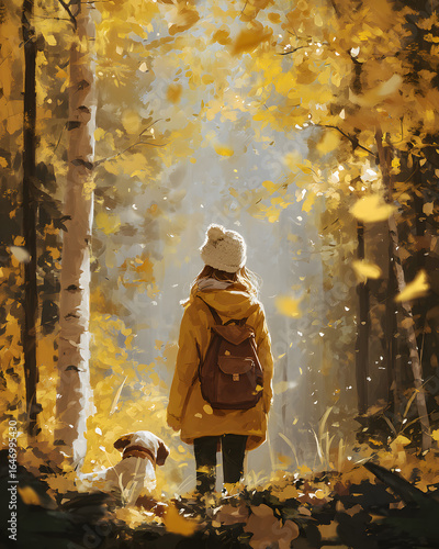 Girl in Yellow Raincoat Walking Dog in Autumn Forest Wonderland