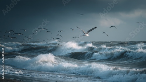 flock of seagulls flying over choppy ocean waves