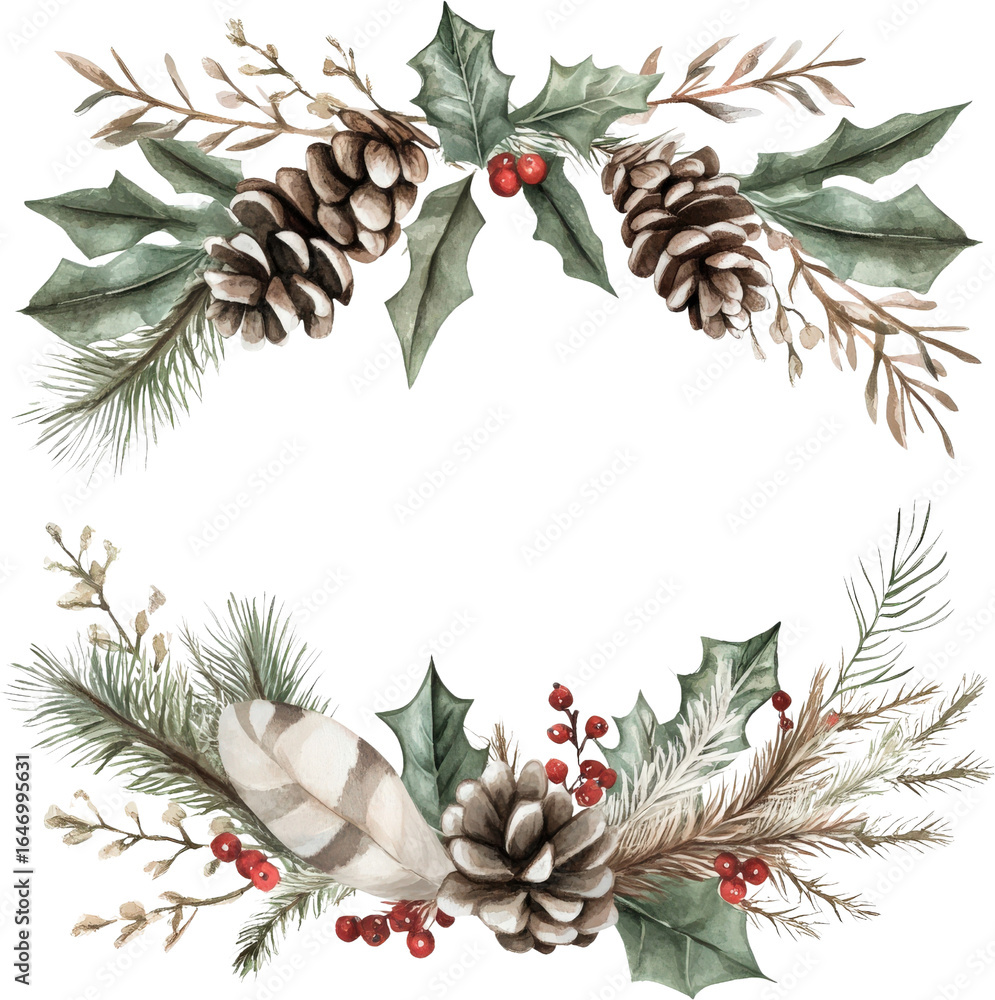 Fototapeta premium Rustic winter wreath with pinecones holly berries and feathers isolate