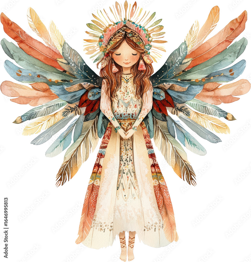 Fototapeta premium Gentle feathered angel adorned in tribal headdress and flowing dress Native American transparent background