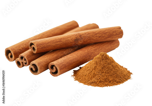 Natural brown cinnamon sticks and finely milled ground cinnamon powder on a pristine matte white surface with a clean transparent background, isolated studio shot. Concept of aromatic culinary spice