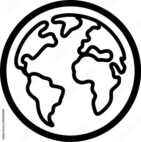 A simple black and white line drawing of a world globe inside of a thick black circle outline