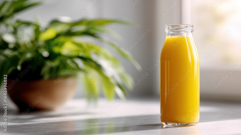 Obraz premium Glass bottle of orange juice on a white countertop. the bottle is tall and slender with a clear glass cap. the juice is a bright orange color and appears to be freshly squeezed.